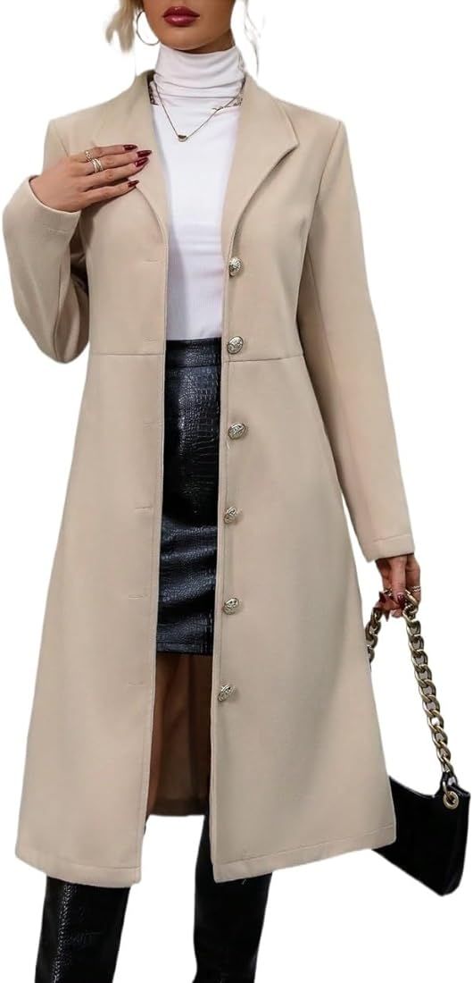 KAKIGO Women's 2023 Winter Wool Coat Overcoat Lapel Neck Single Breasted Long Sleeve Overcoat | Amazon (US)