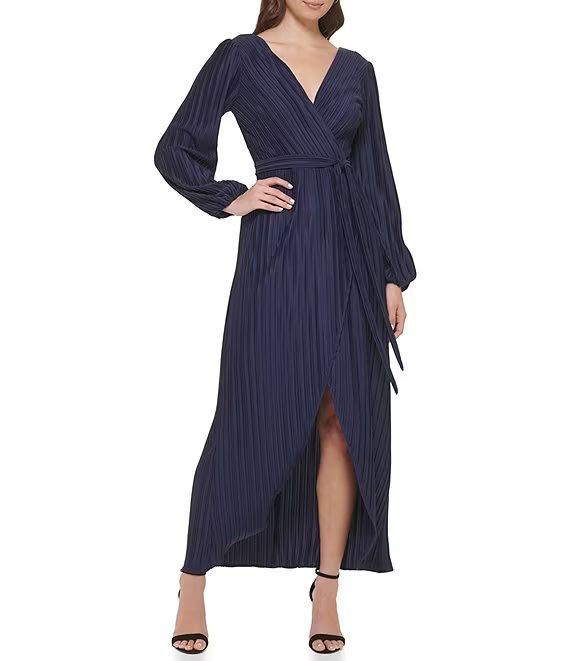 Long Blouson Sleeve V-Neck Pleated Wrap Dress | Dillard's