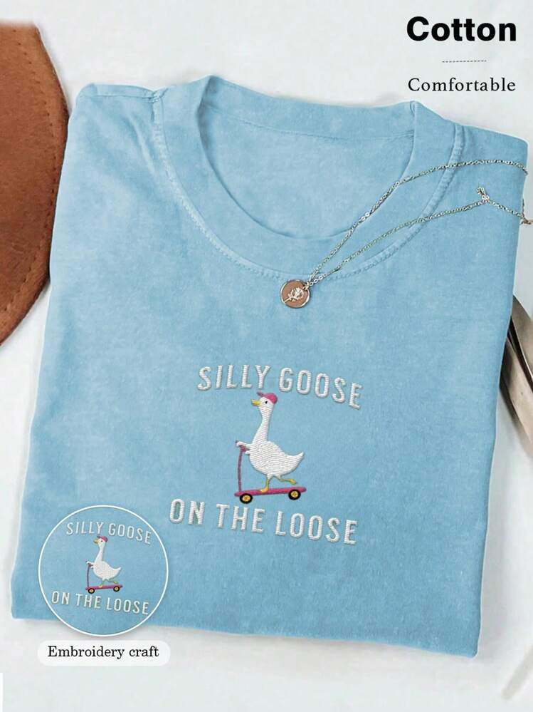 Women's Casual Cute Goose & Letter Print Round Neck Short Sleeve T-Shirt, Summer | SHEIN