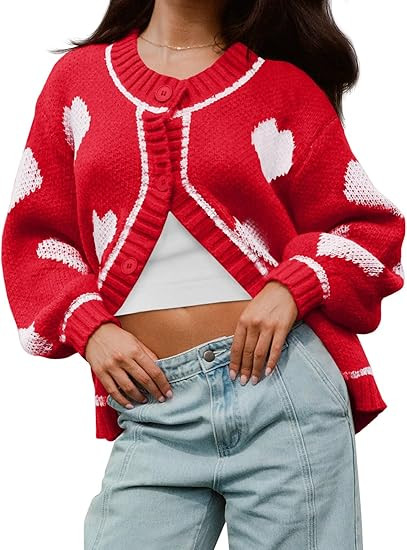 Saodimallsu Womens Cute Heart Cardigan Sweaters Chunky Knit Button Down Crewneck Long Sleeve Swea... | Amazon (US)