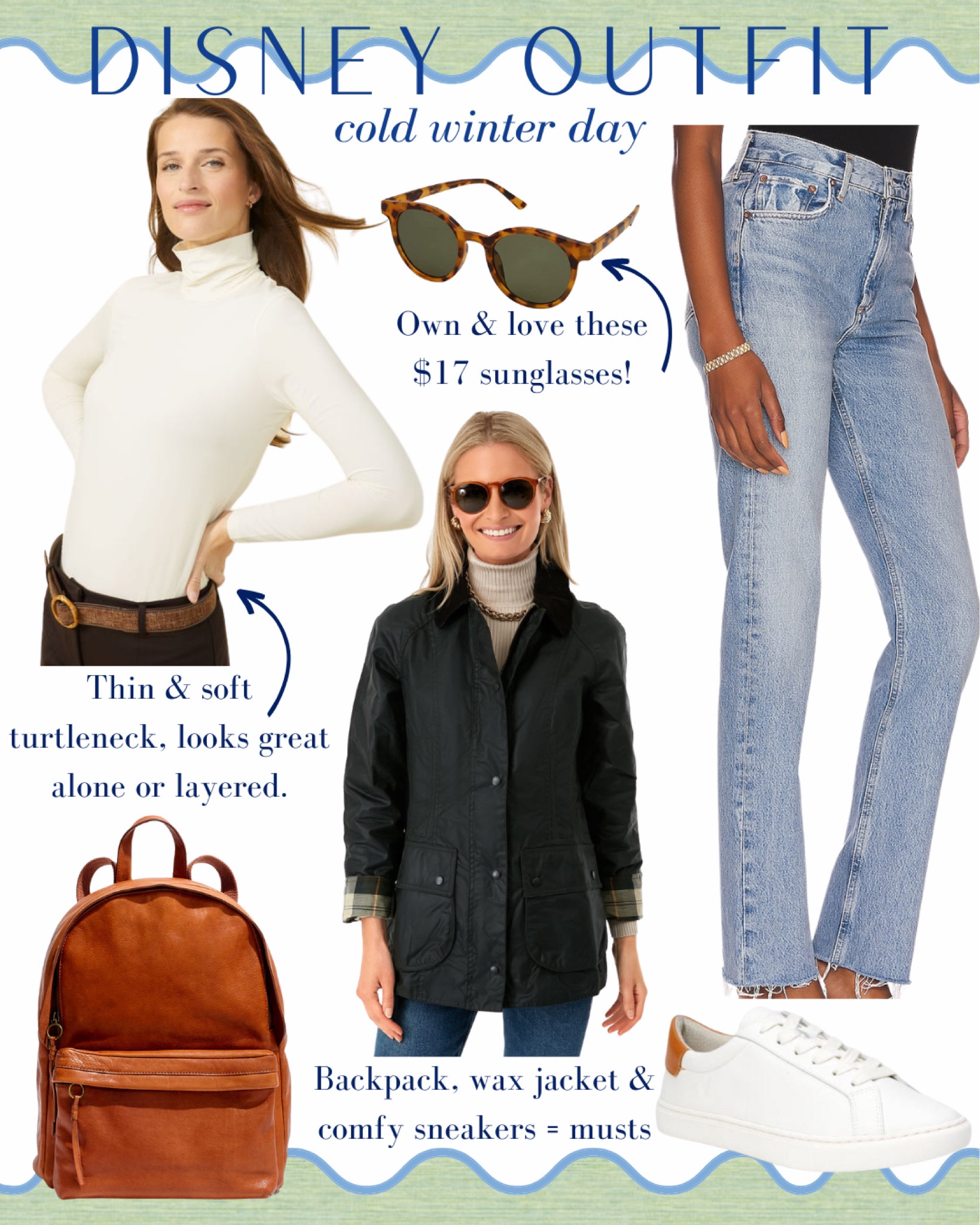 A classic and chic outfit for visiting Disney World in the winter. I love these soft and lightweight women’s turtlenecks worn alone or layered underneath a classic wax jacket. These high-waist straight jeans are flattering and comfy. Pair with my favorite $17 sunglasses, a cognac leather backpack and white sneakers for a casual outfit. 

Classic style, preppy style, mom outfit, Disney ootd, Barbour, Tuckernuck, J. McLaughlin, Amazon find #classicstyle #preppystyle #momstyle #disneyoutfit #amazonfind 

#LTKtravel #LTKunder50 #LTKstyletip