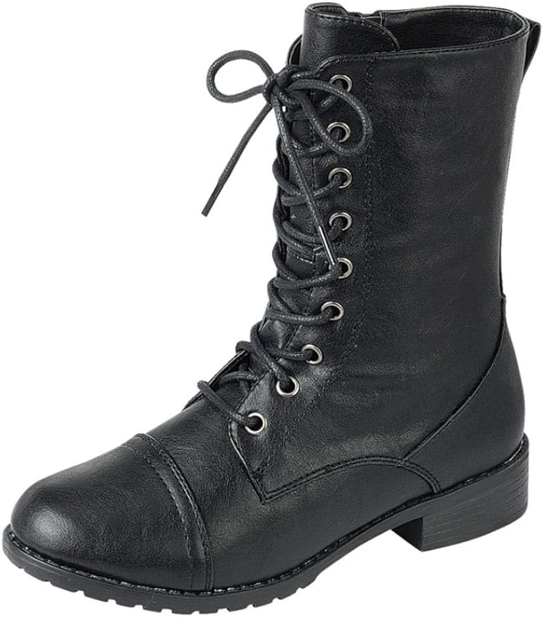Forever Link Womens Round Toe Military Lace up Knit Ankle Cuff Low Heel Combat Boots | Amazon (US)