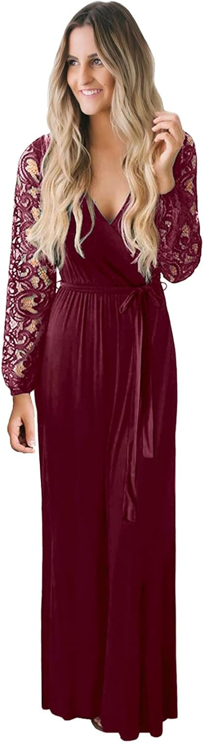 Zattcas Womens Vintage Floral Lace Long Sleeve Faux Wrap V Neck Party Long Maxi Dress | Amazon (US)