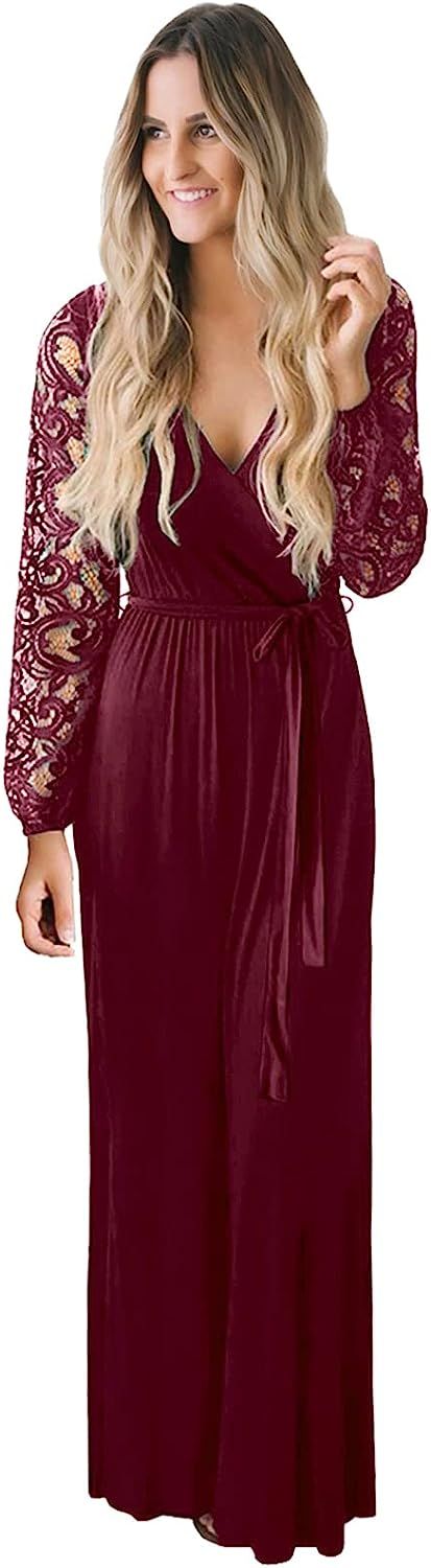 Zattcas Womens Vintage Floral Lace Long Sleeve Faux Wrap V Neck Party Long Maxi Dress | Amazon (US)