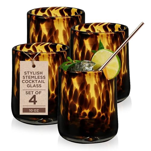 IMPULSE! Tortoise Leopard Print Brown 10 oz. Rocks Glasses, Set of 4 - Stylish Stemless Cocktail Cups Glass - Ideal Glassware Tumbler for Gin, Tequila, Vodka, Soft Drinks - 3.15 × 3.15 × 4.3 in | Amazon (US)