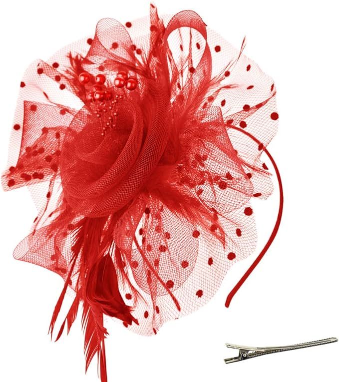DRESHOW Fascinators Hat Flower Mesh Ribbons Feathers on a Headband and a Clip Tea Party Headwear ... | Amazon (US)
