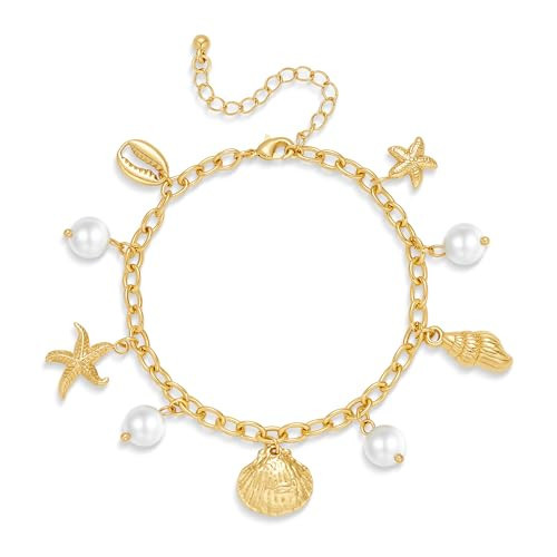YUJIE Gold Ocean Charm Bracelet for Women 18K Gold Plated Bracelet with Starfish, Shell & Pearl Charms Boho Beach Jewelry Summer Vacation | Amazon (US)
