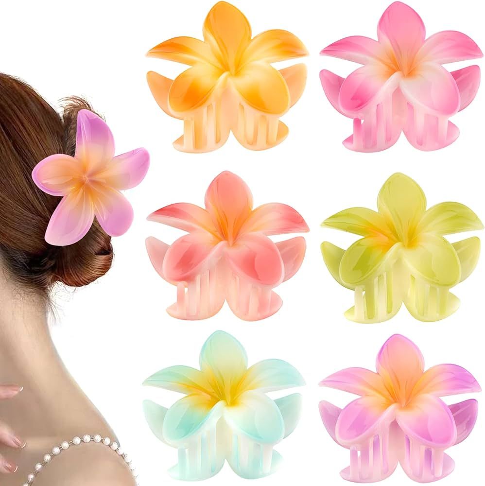 6 Pack Large Flower Hair Claw Clips , Hawaiian Flower Hair Claw Clips for Women Thin Thick Curly ... | Amazon (US)