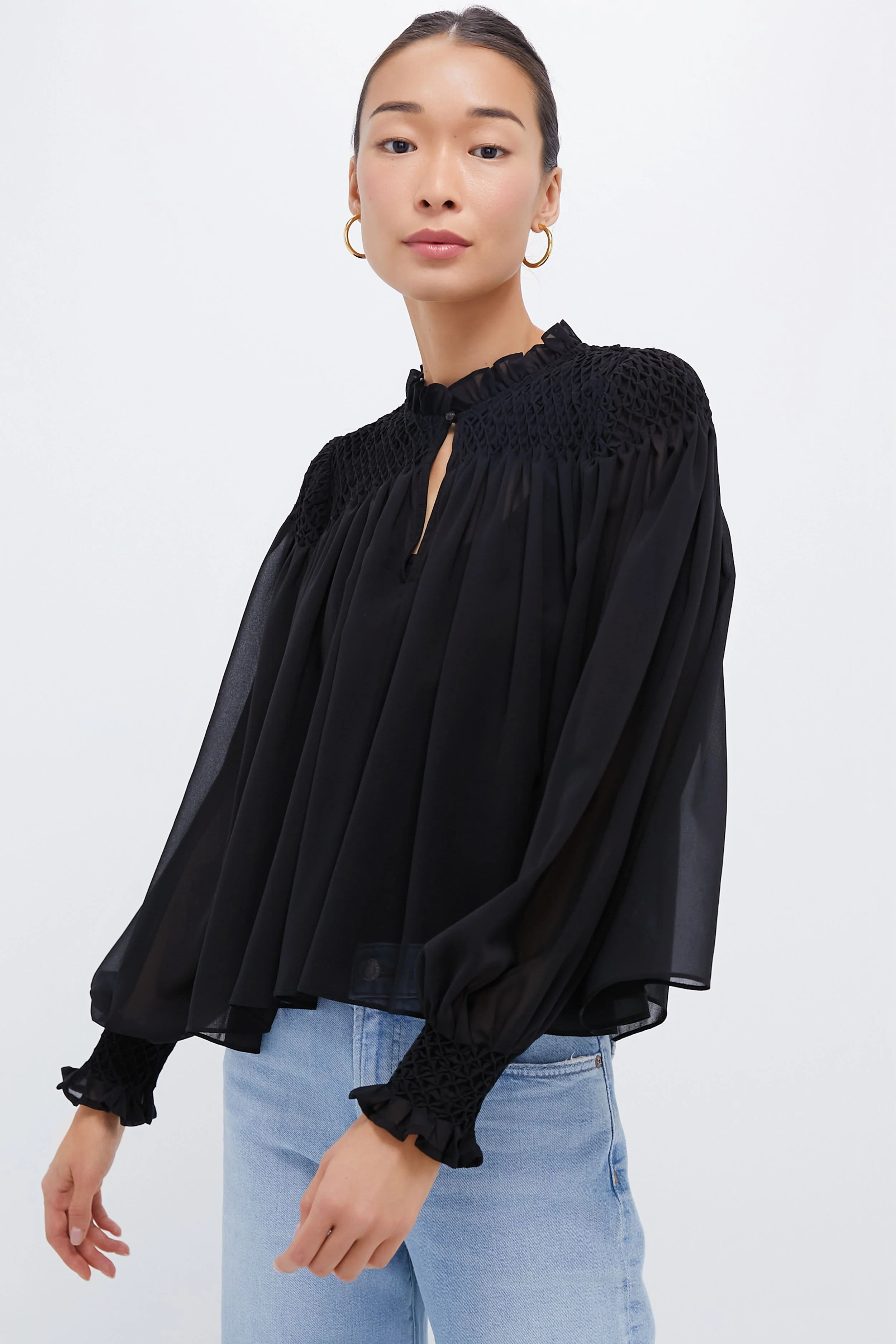 Black Sheer Smocked Rylie Blouse | Tuckernuck (US)