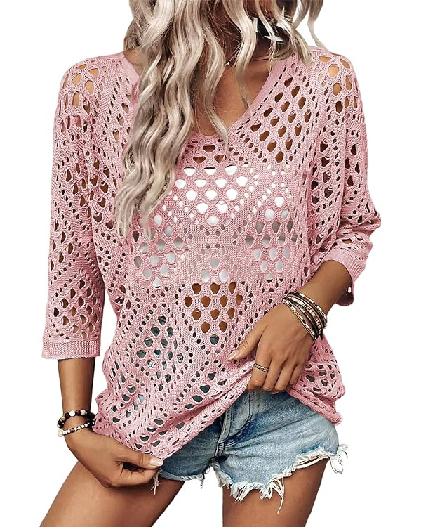SHEWIN Crochet Sweaters for Women 3/4 Sleeve Lightweight Hollowout Mesh Cover Ups Summer Cute Top... | Amazon (CA)
