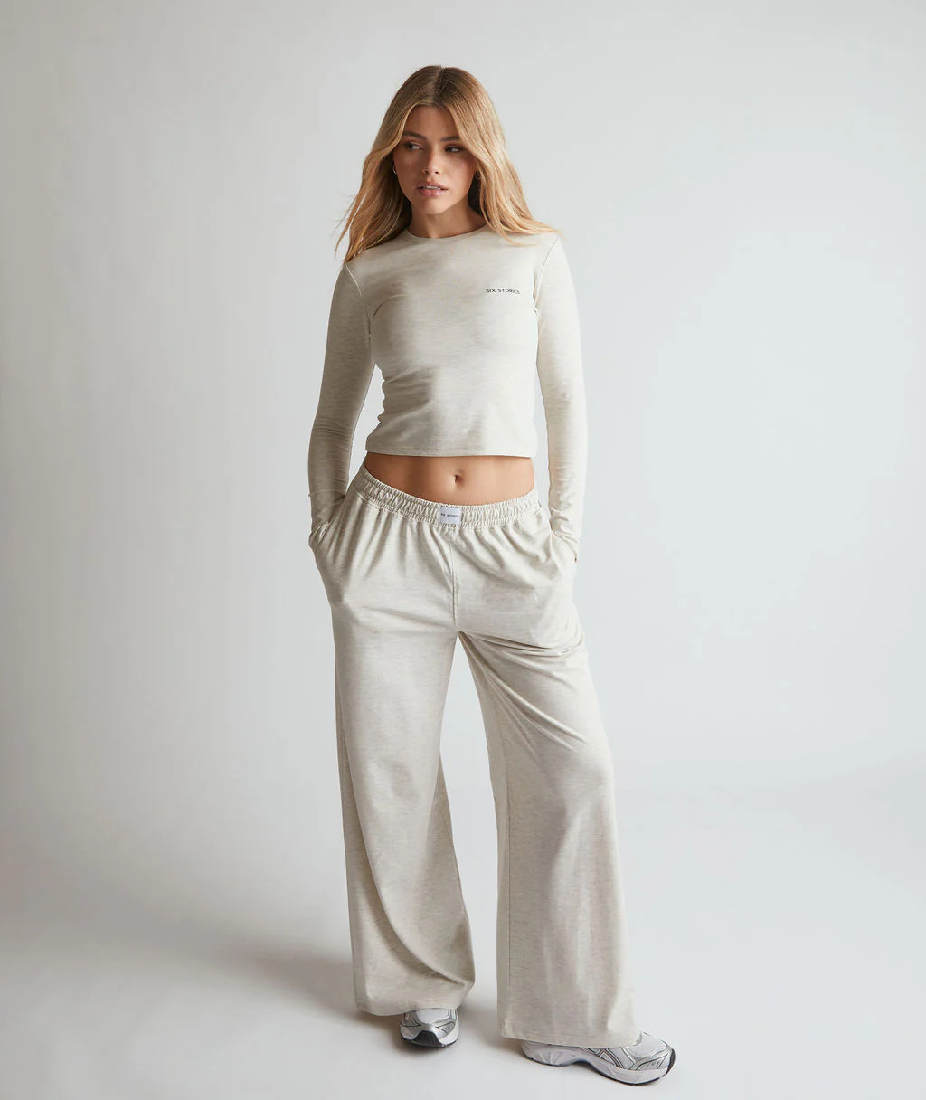Soft Wide Leg Lounge Trousers - Oatmeal Marl | Six Stories