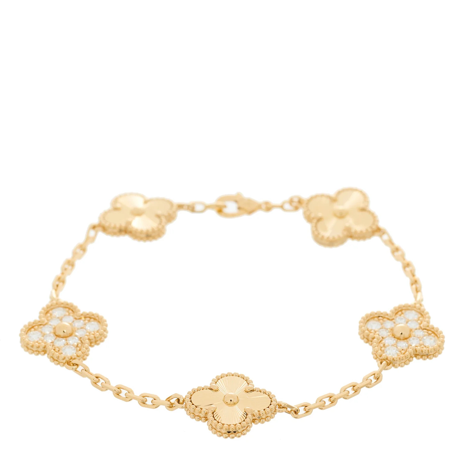 18K Yellow Gold Diamond 5 Motifs Guilloche Vintage Alhambra Bracelet | FASHIONPHILE (US)