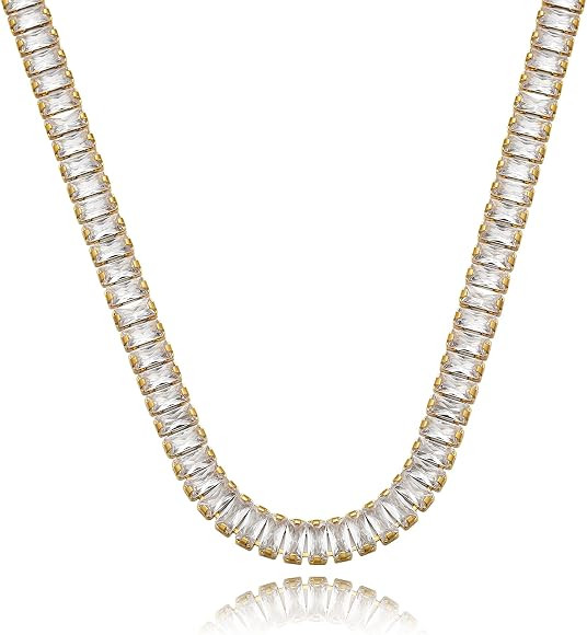 Tewiky Tennis Necklace 14K Gold Plated/Silver Sparking Rhinestone Choker Necklaces Dainty Crystal Cu | Amazon (US)