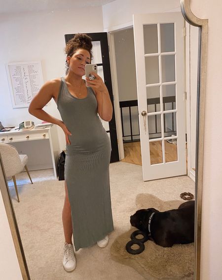 Stretchy ribbed maxi dress with slits on both sides. Comfortable and flattering! Comes in sage green and beige. Wearing my usual small at 19 weeks pregnant 🤰🏽

#LTKunder100 #LTKunder50 #LTKbump