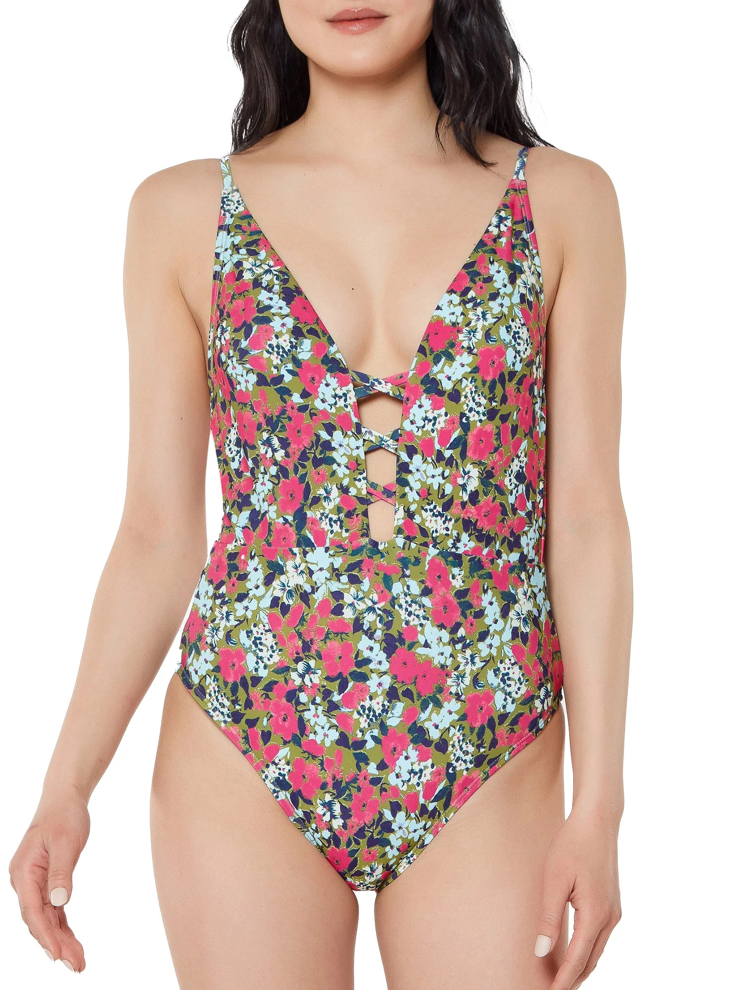 JS Jessica Simpson Women's Wonderland Lace Up Plunge One Piece Swimsuit - Walmart.com | Walmart (US)