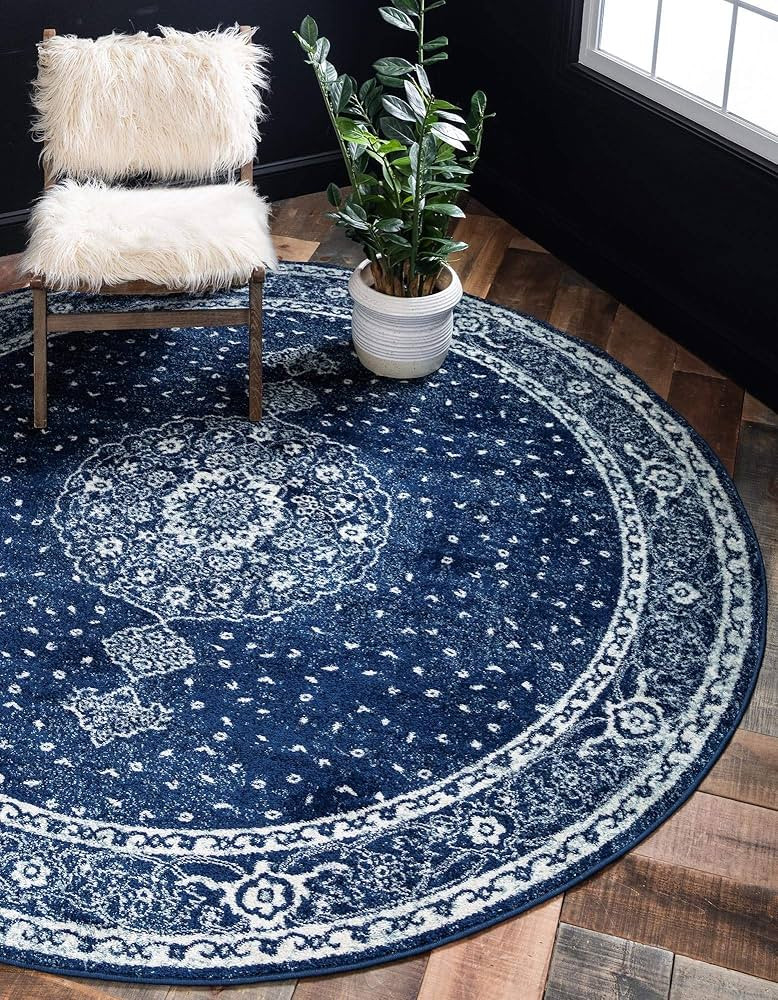 Rugs.com Dover Collection Rug – 3 Ft Round Navy Blue Low-Pile Rug Perfect for Kitchens, Dining Rooms | Amazon (US)