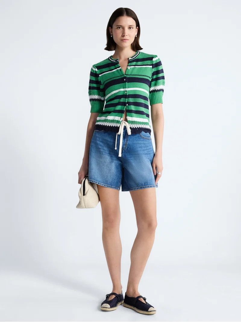 Free Assembly Women's Textured Stripe Cardigan Sweater with Short Puff Sleeves, Lightweight, Size... | Walmart (US)