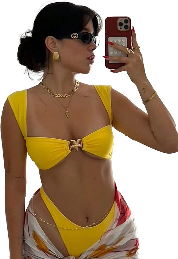 SKAYS Sexy Two Piece Bikini Sets for Women Starfish Wide Strap Tie Back Swimsuit High Waisted Bat... | Amazon (US)