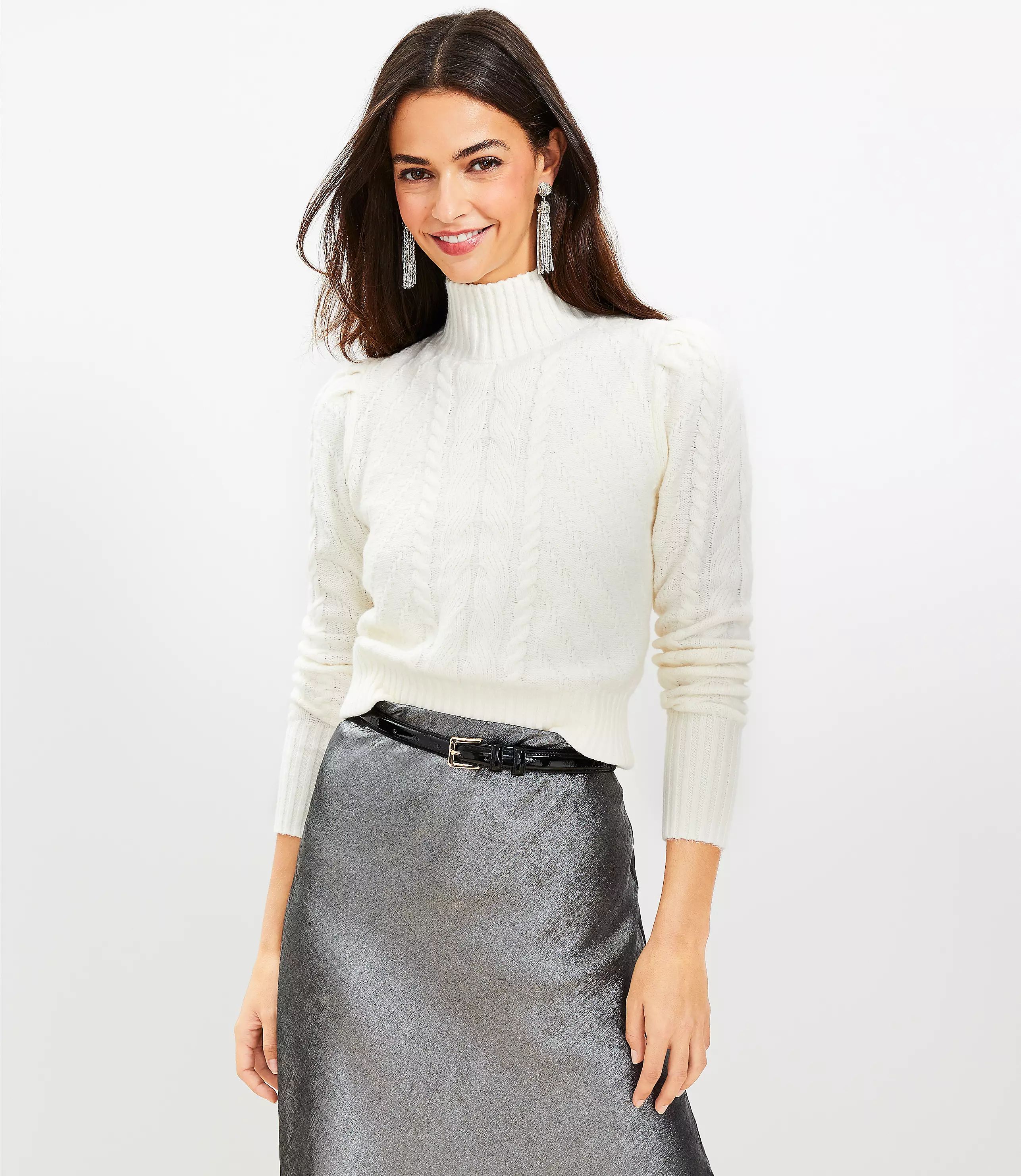 Puff Sleeve Turtleneck Cable Sweater | LOFT