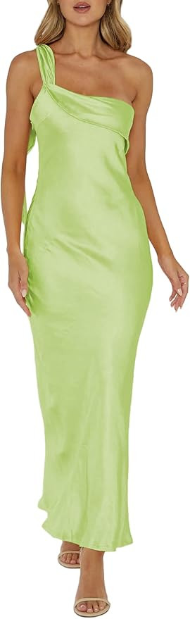 2026 Satin One Shoulder Maxi Dress for Women Summer Silk Formal Elegant Backless Ruffle Sleeveles... | Amazon (US)