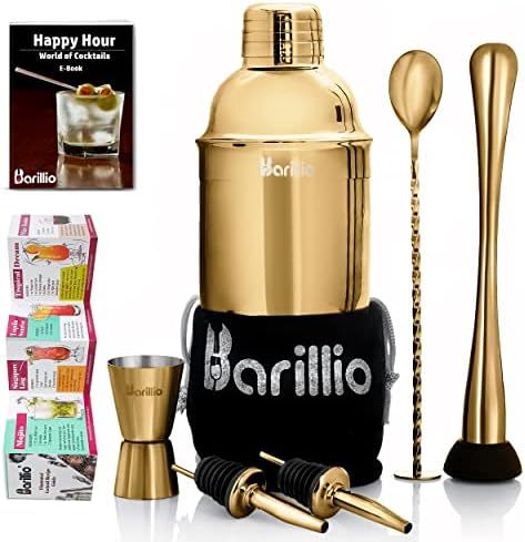 Gold Cocktail Shaker Set Bartender Kit by BARILLIO: 24 oz Stainless Steel Martini Mixer, Muddler, Mi | Amazon (US)