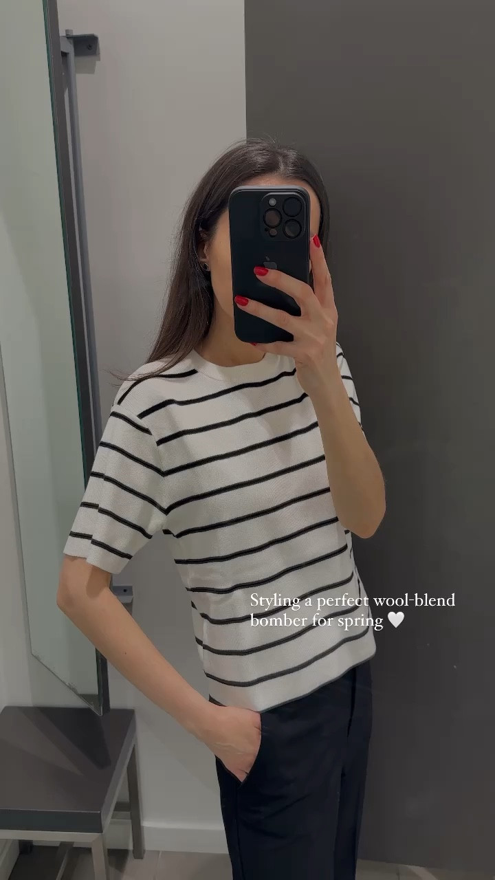 Styling an ideal grey wool-blend bomber for an upcoming spring season 🖤 Jacket, bomber, striped knit top, black trousers, kitten heels. 

#LTKstyletip #LTKSeasonal #LTKVideo