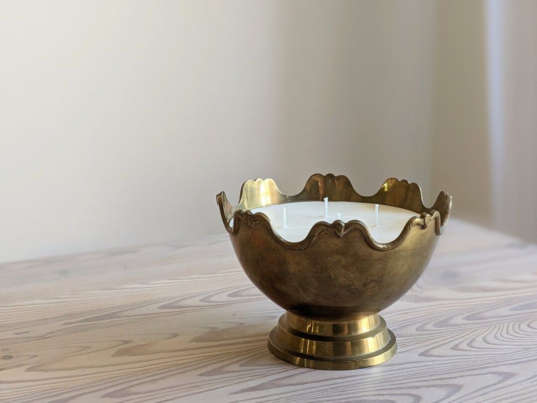 Vintage Scalloped Brass Bowl Candle  Brass Scallop Candle  - Etsy | Etsy (US)