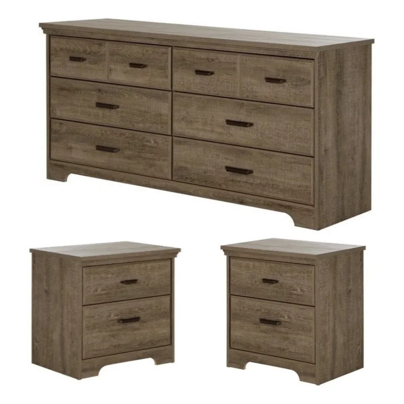 Home Square 3 Piece Bedroom Set with Dresser and 2 Nightstands in Weathered Oak | Walmart (US)