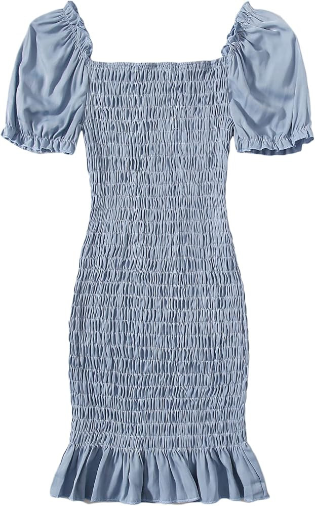 Floerns Women's Square Neck Puff Short Sleeve Shirred Ruched Bodycon Mini Dress | Amazon (US)