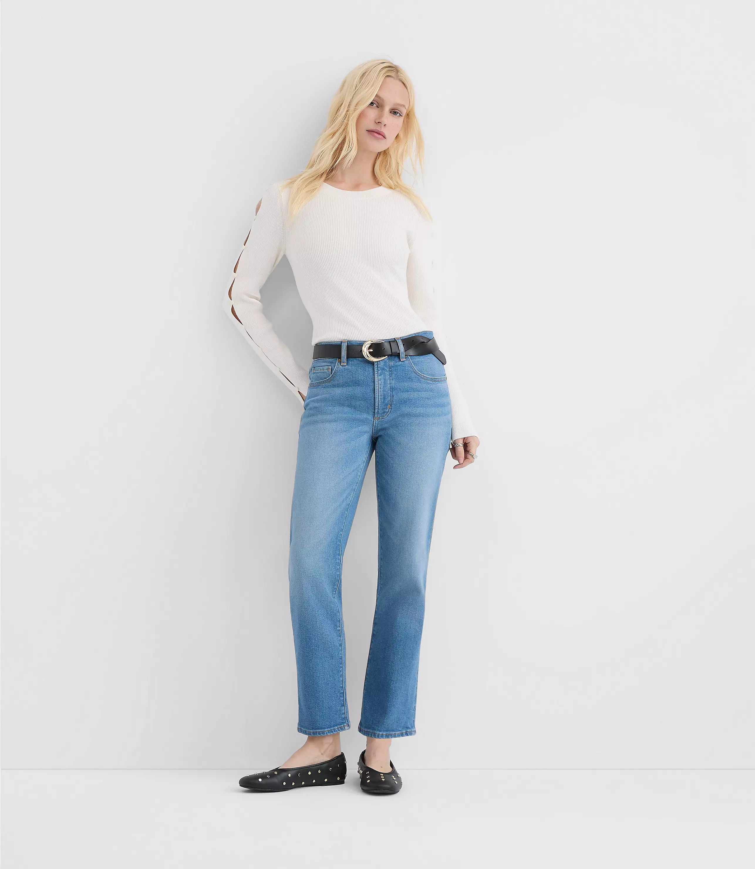 Rivete Petite Mid Rise Slim Jeans in Vintage Mid Wash | LOFT