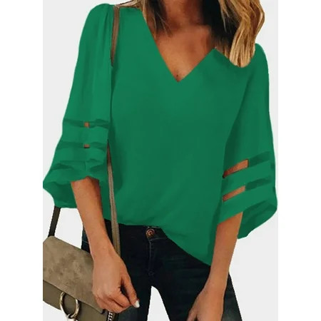 EVALESS Womens Summer Fashion 3/4 Bell Sleeve Mesh Patchwork Blouse Solid Color V Neck Casual Loose  | Walmart (US)
