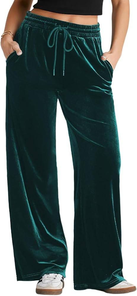Herseas Women's Velvet Pants Drawstring Waist Wide Leg Casual Lounge Pant | Amazon (US)