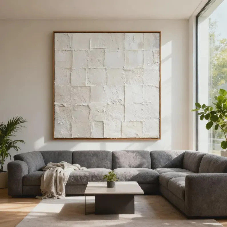 Neutral Textured Wall Art, Modern Abstract Plaster Painting, Grid Canvas - Etsy | Etsy (US)