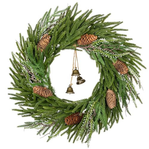 Briful Norfolk Pine Christmas Wreaths for Front Door, 20 inches Artificial Green Wreath with Pinecones Decorative Bells for Xmas Room Wall Kitchen Mantle Outdoor Porch Decor | Amazon (US)