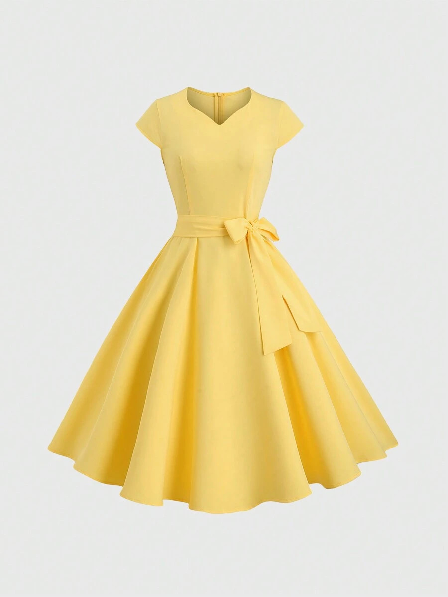 SHEIN MOOSTA Women's Solid Color Simple Daily Bow Tie Belted Short Sleeve Yellow Dress | SHEIN