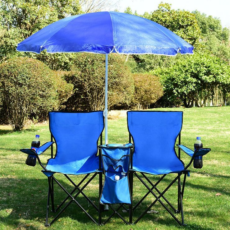 Costway Portable Folding Picnic Double Chair W/Umbrella Table Cooler Beach Camping Chair | Target
