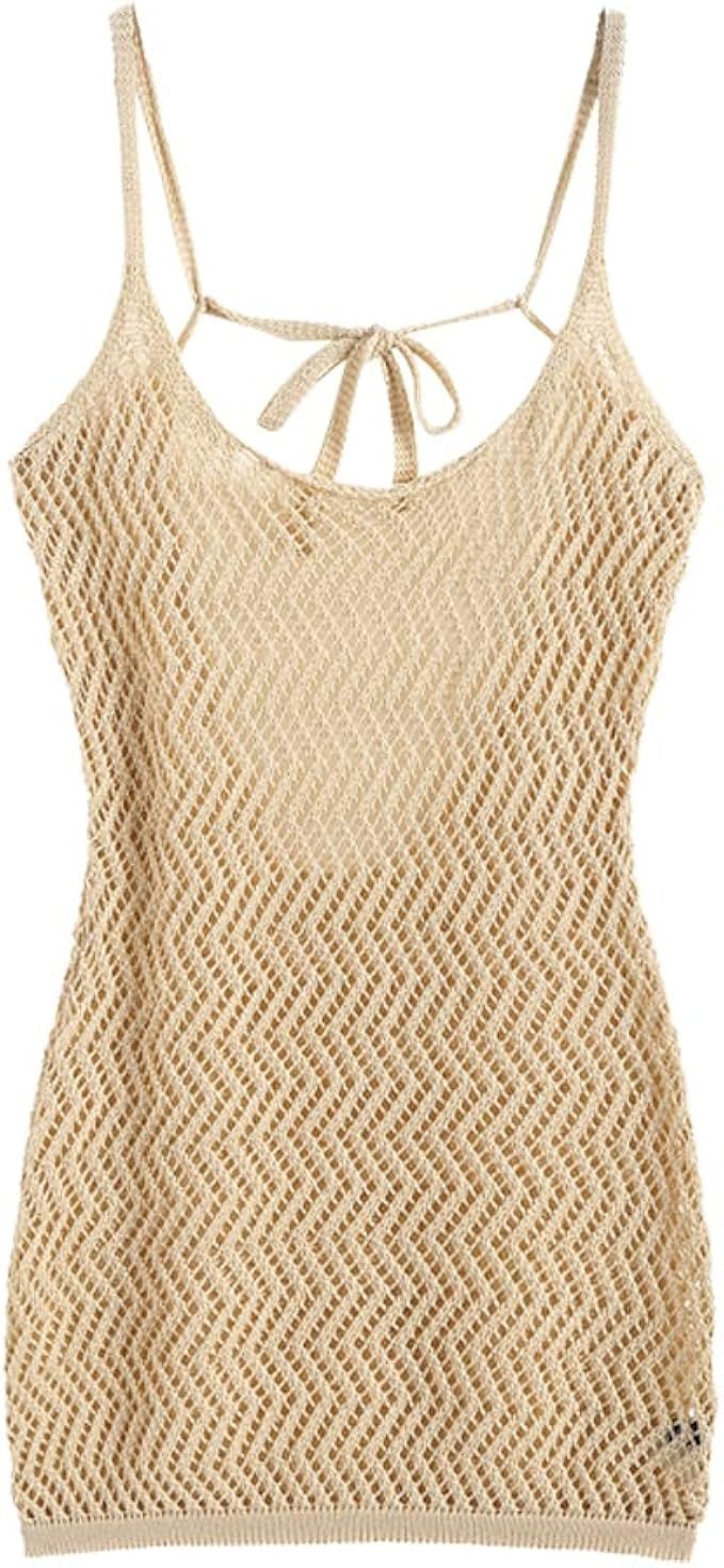 ZAFUL Women's Halter Knitted Drawstring Waist Sleeveless Beach Cover Up Dress (0-Light Coffee, M) | Amazon (US)