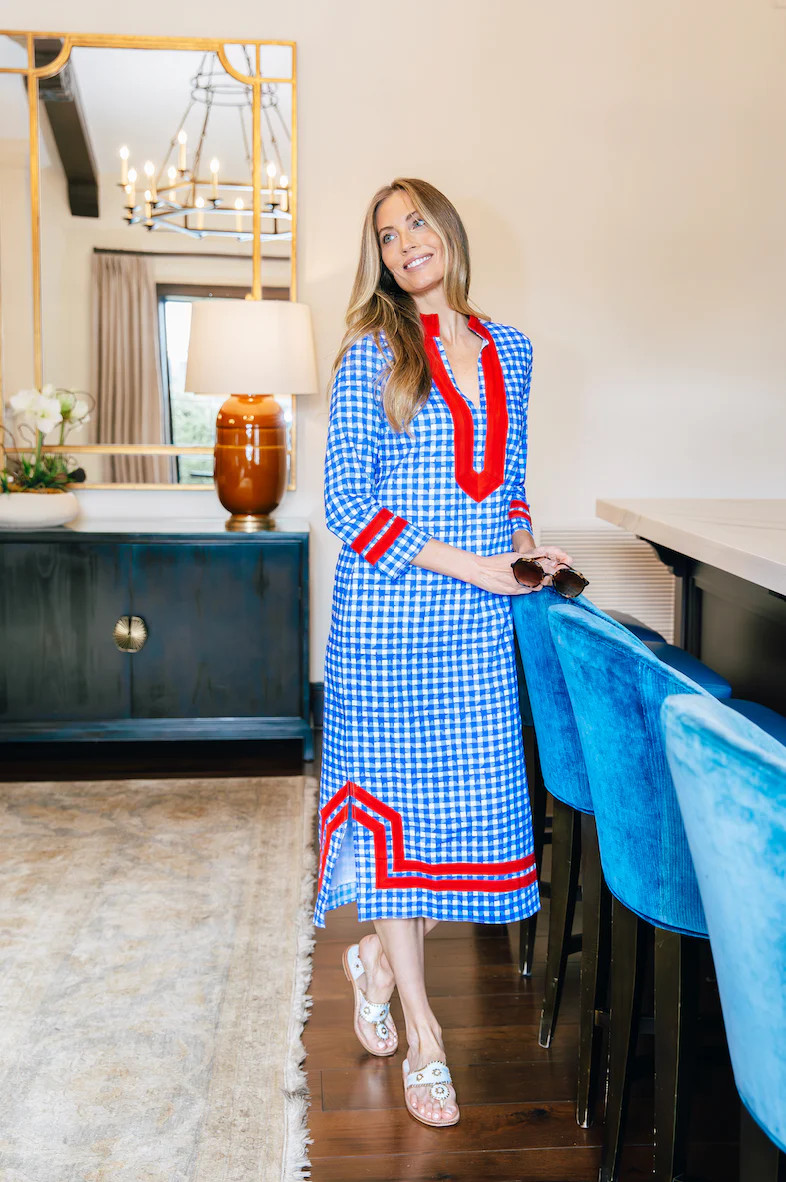 Coastal Blue Gingham Long Sleeve Classic Maxi Tunic | Sail to Sable
