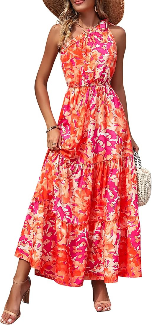 PRETTYGARDEN Women's Summer Floral Maxi Dress Knot One Shoulder Sleeveless Ruffle Flowy Boho Beac... | Amazon (US)