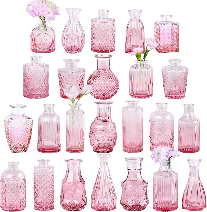 Pink Glass Bud Vase Set of 24, Small Flower Vases for Centerpieces in Bulk, Mini Vintage Vase for... | Amazon (US)