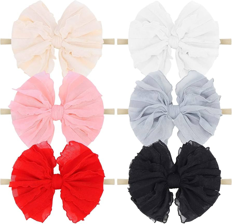 YanJie Baby Girl Bows Nylon Lace Baby Headbands Handmade Soft Elastics Newborn Bows Ruffled Big B... | Amazon (US)