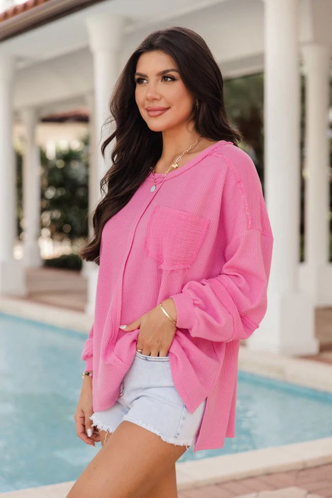 Never Leaving Pink Waffle Top With Gauze Trim | Pink Lily