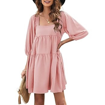 BLENCOT Womens Cute Puffed Sleeve Backless Lace Up Babydoll Mini Dresses S-XL | Amazon (US)