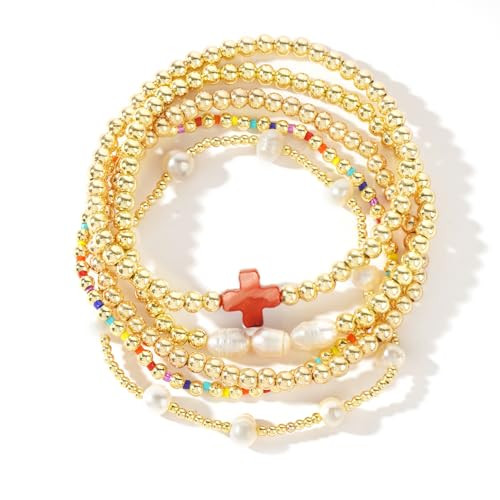 SHINUS BOHO Cute 14K Gold Plated Pearl Red Beaded Cross Bracelets Stack Set for Women,Stretch Boho Christian Faith Colorful Beads Ball Jewelry Friendship Summer Trendy Gift | Amazon (US)