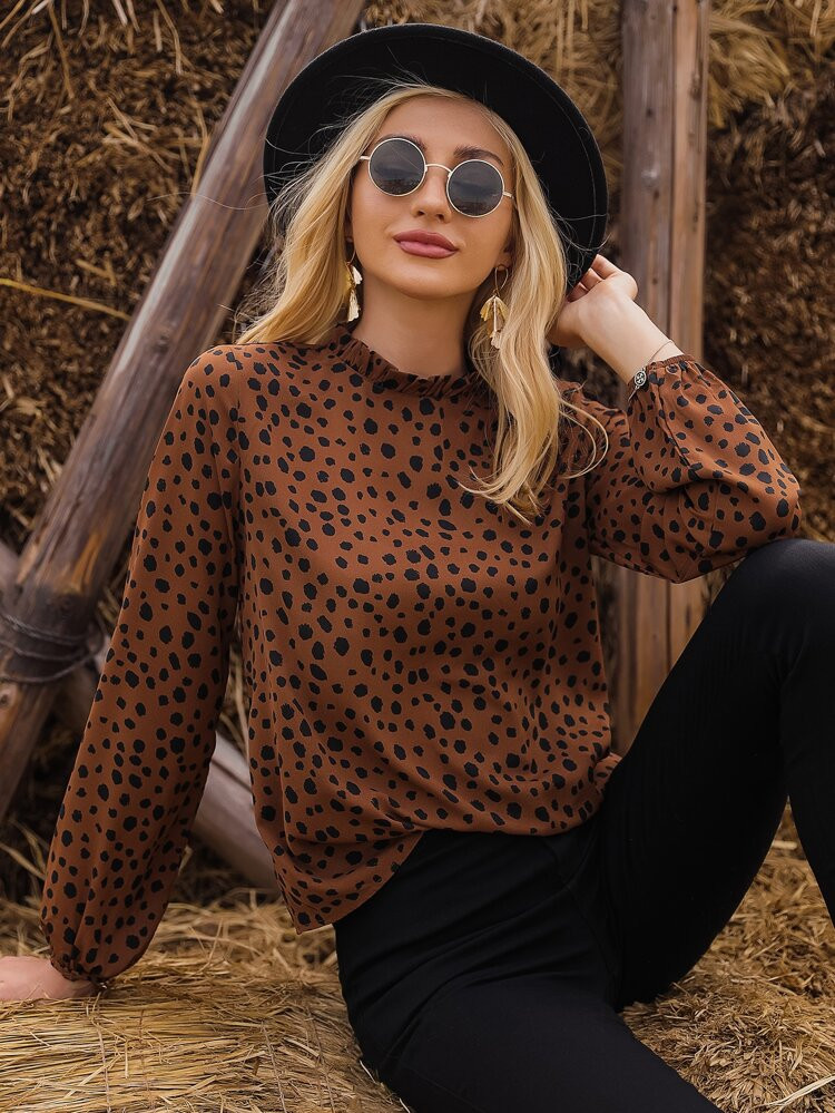 Frill Neck Lantern Sleeve Dalmatian Top | SHEIN