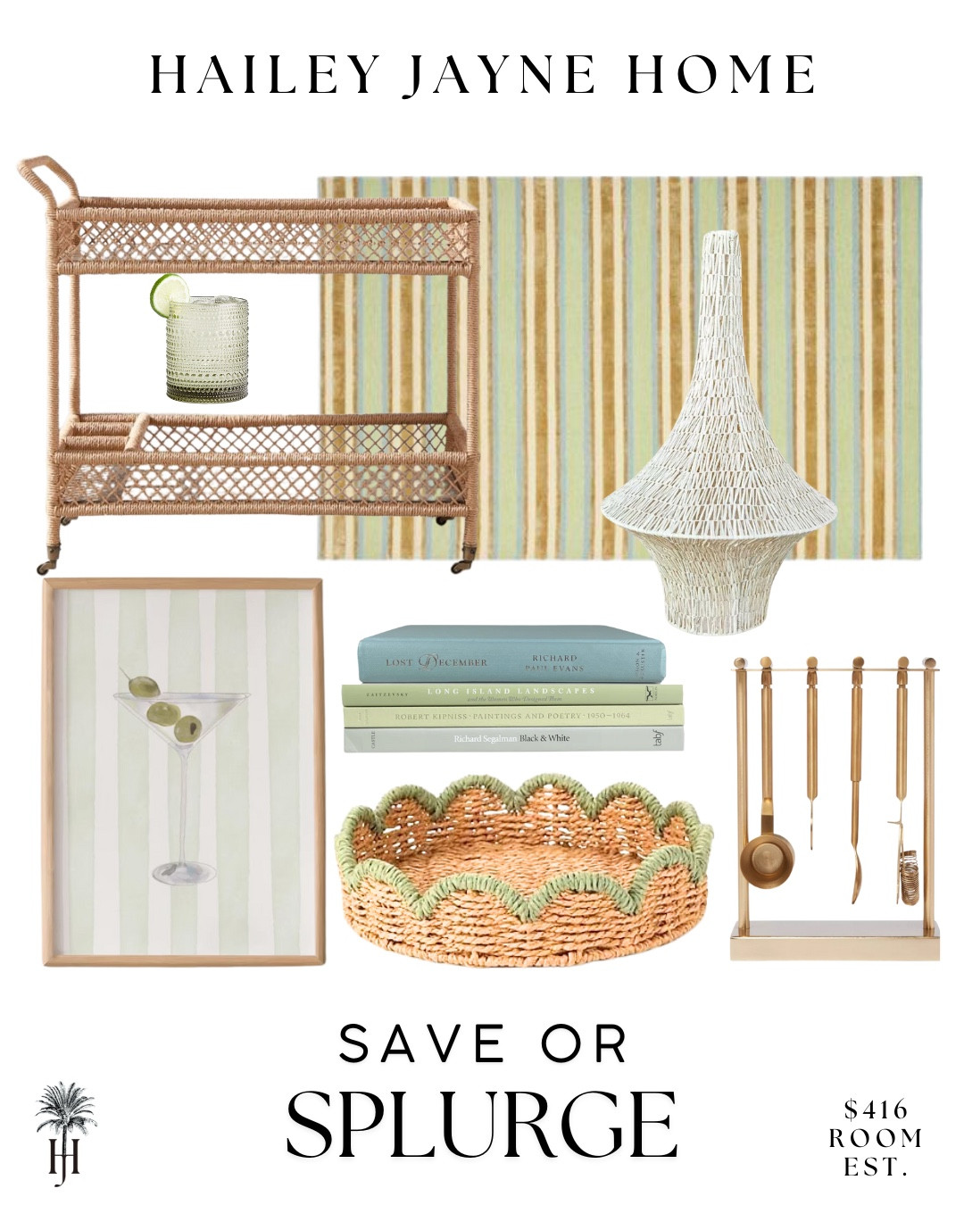 Are you saving or splurging on your bar cart accessories? Sift through these finds to gather the perfect match of high and low budget items to complete your space. Happy shopping!

Woven pendant. Bar tools. Striped rug. Book stack. Wall art  

#LTKHome