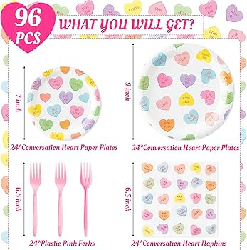 96Pcs Conversation Heart Party Plates Supplies Valentine’s Day Party Tableware Decoration Color... | Amazon (US)