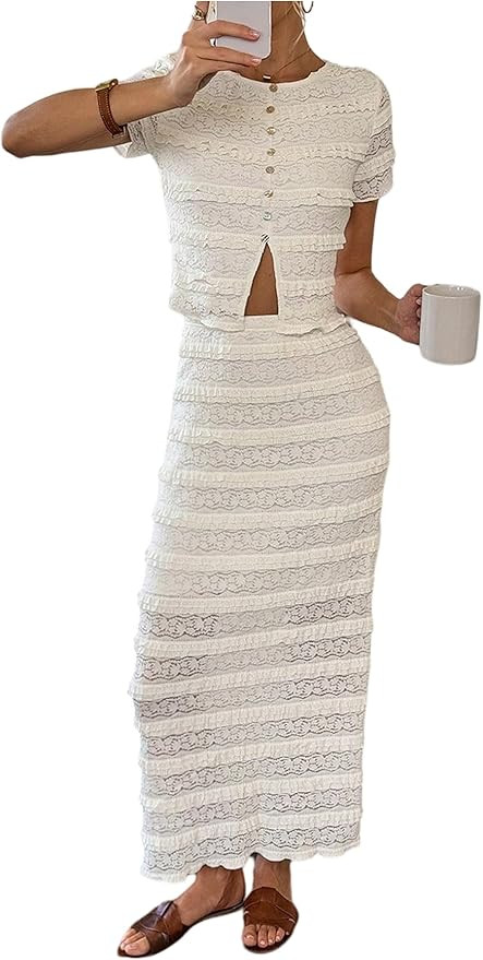 Verdusa Women's 2 Piece Set Boho Lace Tiered Button Up Crop Top with Bodycon Long Skirt Brunch Ou... | Amazon (US)