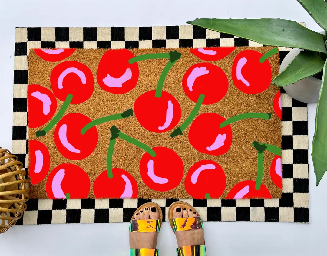 Cherry Coir Doormat, Colorful Boho Decor for Your Front Porch Entry, Unique and Custom Welcome Ma... | Etsy (US)