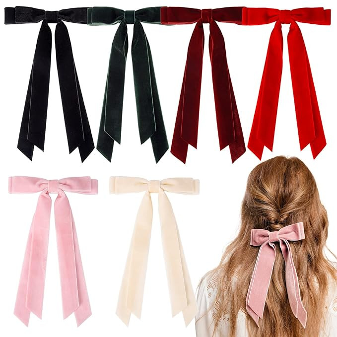 6 PCS Velvet Hair Bows Hair Clips 5" Long Hair Ribbons for Women Double Fall Alligator Clips Hair... | Amazon (US)